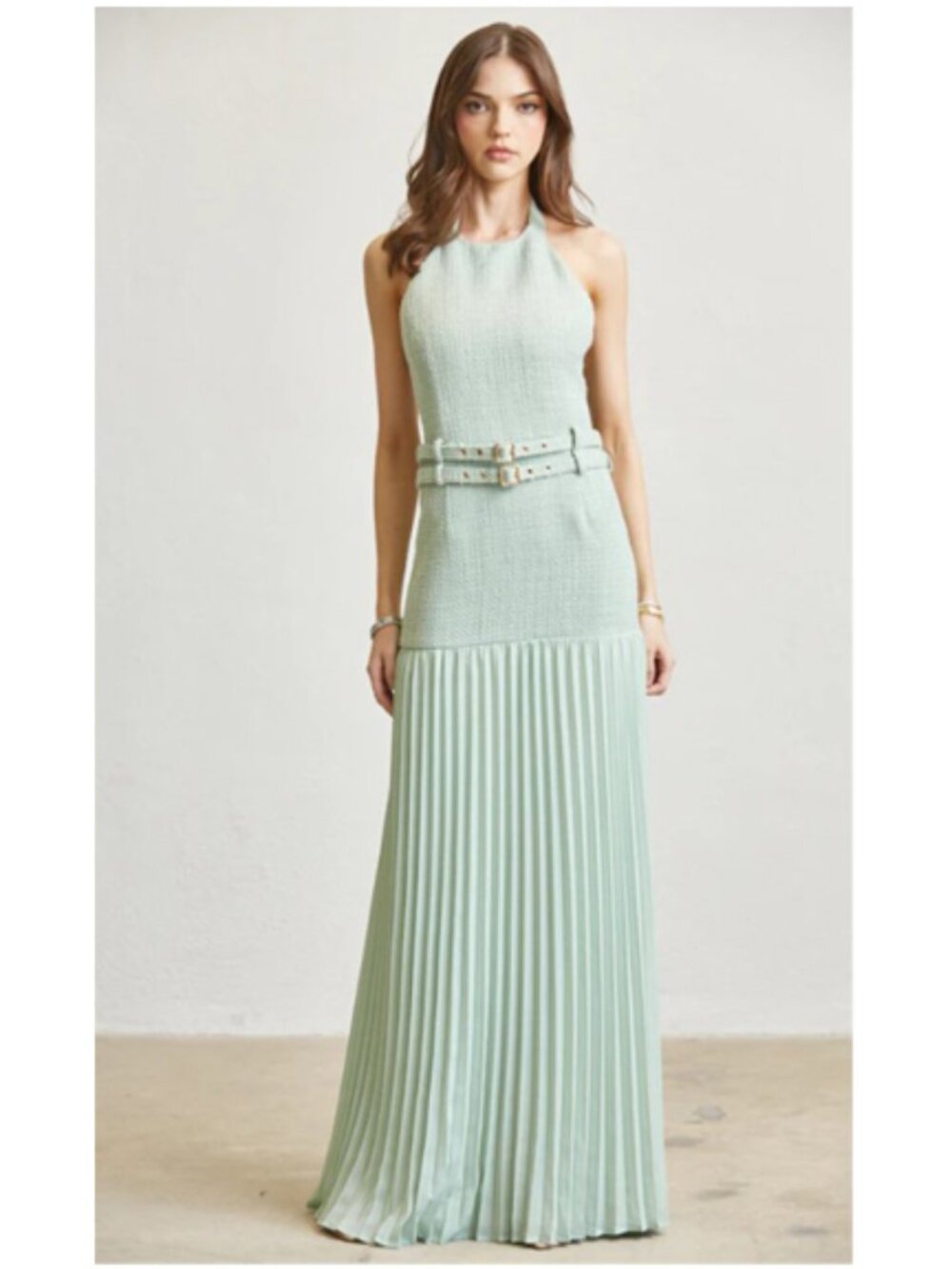Sage Green Luxe Halter Pleated Maxi Dress with Double Belt Detail